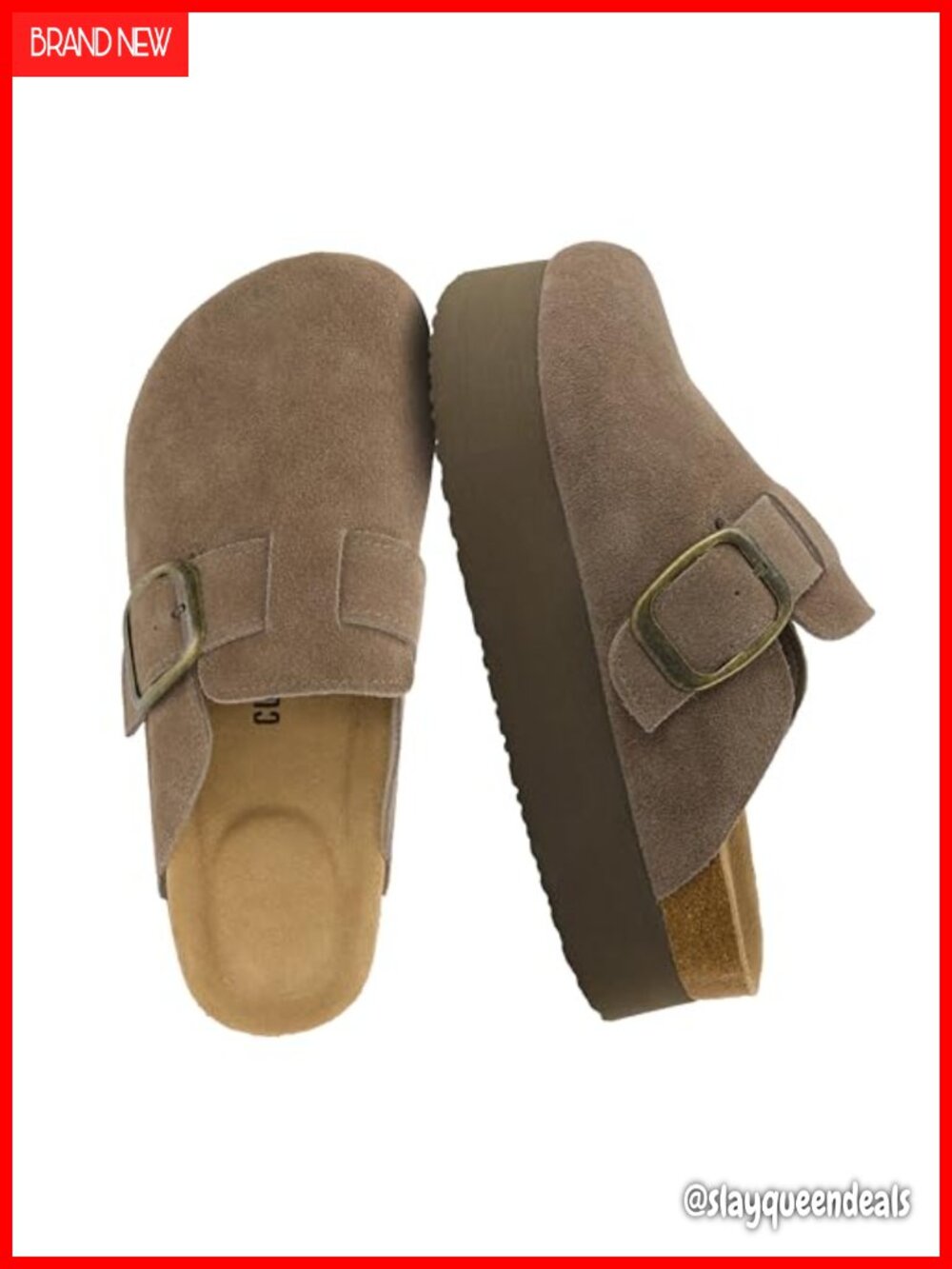 Genuine Suede Clog Platform Slip-On with Cork Footbed Reinforced Buckle